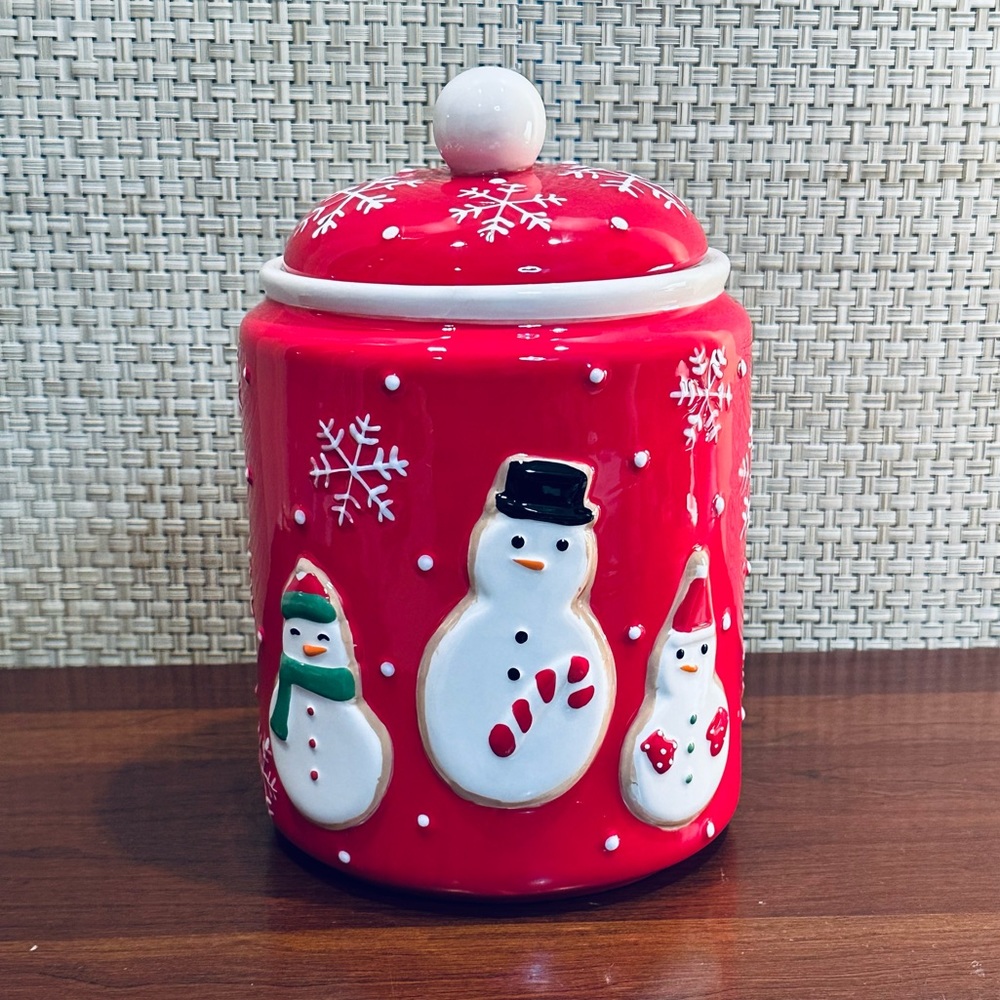 🎄🌟4xHP🌟Hallmark Snowman Cookies & Snowflakes Red Glazed Ceramic Cookie Jar